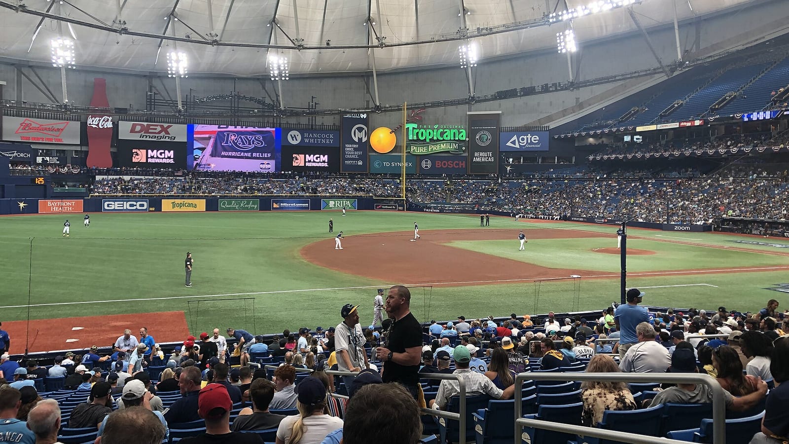 Fans in the lower seats at a domed ballpark watch the Rays in the field, under a white fabric roof with a Rays sign on the video board and a Tropicana sign in left field.